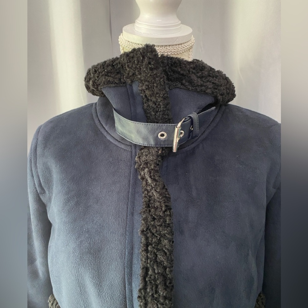 NWOT ANN TAYLOR NAVY BLUE FAUX SUEDE BLACK SHERPA JACKET COAT SIZE 8 - Picture 5 of 10